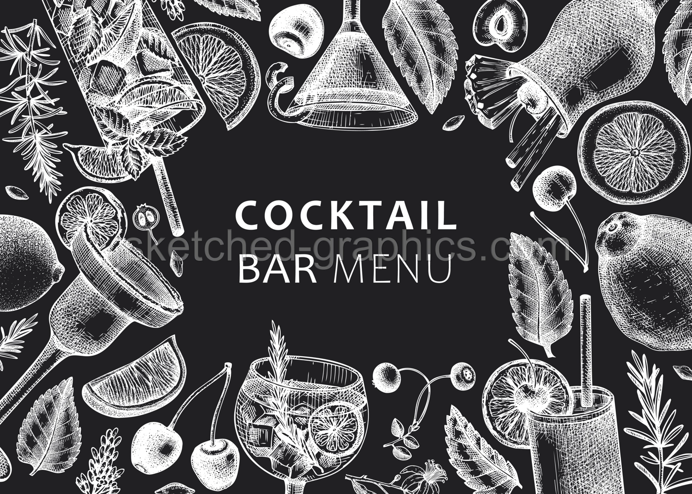 Alcoholic cocktails background on chalkboard. Glass of margarita, mojito, Pina colada, cosmopolitan, tequila sunrise design. Hand-sketched cocktails engraved drawings. Vector drinks illustration Illustration